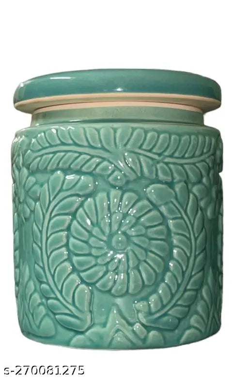 Ceramic floral turquoise pickle jar kitchen spice storage container 1000ml multi utility set of 2