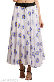 White Georgette long skirt with blue flower print, Indian ethnic wear for women
