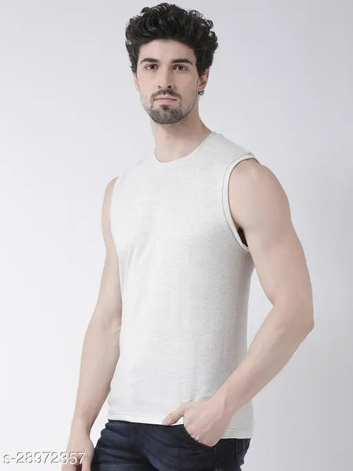 Grey cotton sleeveless men's t-shirt, premium self-design round neck, 175-180 GSM cotton
