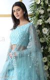 Indian embroidered mulmul lehenga-choli with net dupatta, semi-stitched (waist size 41in, length size 44in)