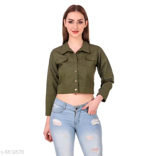 Light green denim jacket for women by 69 Fashion Street, solid pattern, long sleeves, size S (36in bust, 22in length)