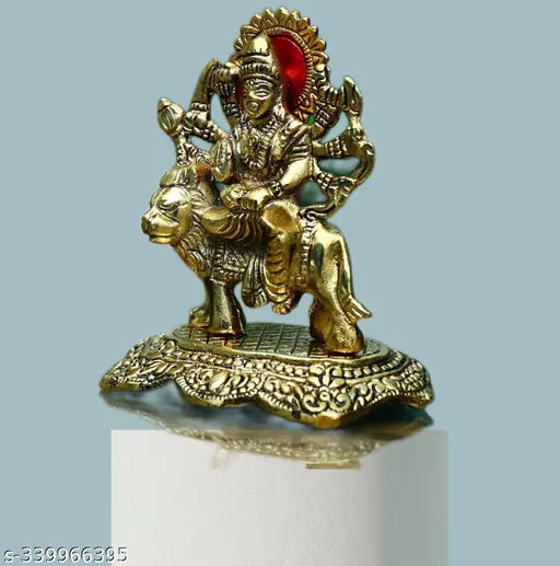 Gold-plated 5-inch Durga Maa statue, Indian metal Goddess Maa Durga decor piece on lion, symbolizes power and blessings for health & wealth