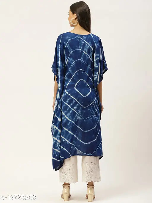 Blue rayon kaftan kurti with dyed/washed pattern and three-quarter sleeves, loose fit for women. Size options: S (36in bust, 46in length), M (38in bust, 46in length), L (40in bust, 46in length), XL (42in bust, 46in length), XXL (44in bust, 46in length), XXXL, 4XL. Made in India