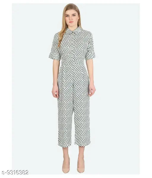 White printed half-sleeves crepe jumpsuit by Avyanna Stylis on mannequin