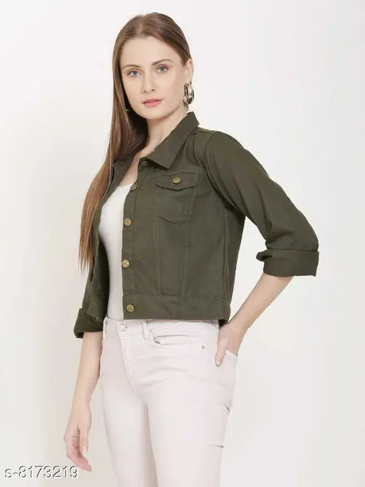 Trendy cotton blend jacket, solid color with long sleeves - S (Bust 34in, Length 20in, Waist 30in, Hip 32in, Shoulder 13in), made in India