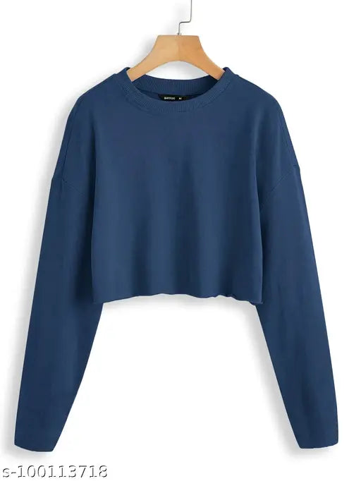 Women's full sleeve cotton crop t-shirt, solid color, available in multiple sizes from XS to XXXL, on mannequin