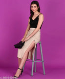 Beige midi skirt, women's trendy self-designed long slit casual wear