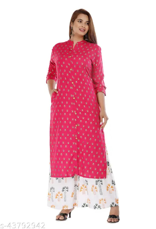 Rayon printed kurta and palazzo set, vibrant Indian attire for women, three-quarter sleeves