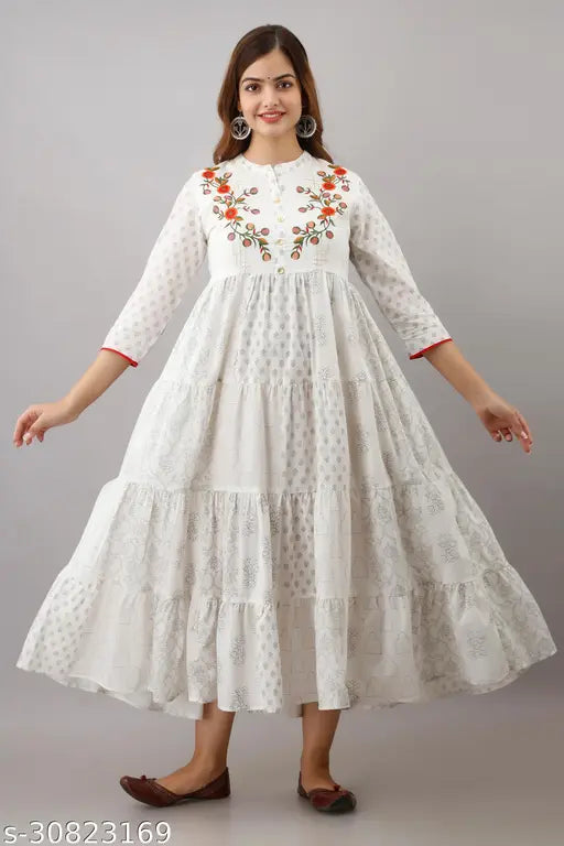 Cotton Cambric printed Anarkali kurti for women, three-quarter sleeves - S size (bust 36in, length 49in), Indian origin