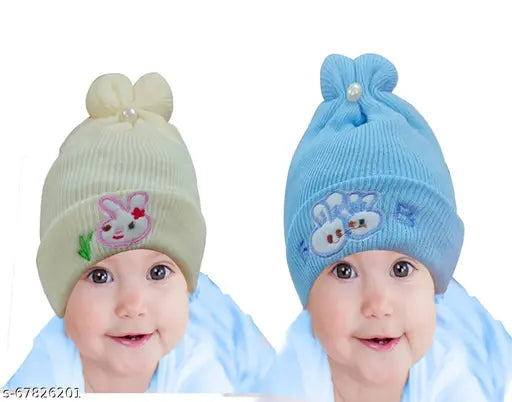 This is a combo pack of two newborn baby winter caps. The caps are made from ultra soft wool, designed for better comfort and warmth for infants during winter