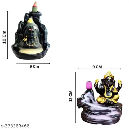 Handcrafted combo of backflow idols, Lord Adiyogi Shiva Mahadev and Ganpati Ganesha, in dust marble material. Includes 51 free incense cones. Set of two decorative polyresin figurines with multiple card slots each