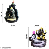 Handcrafted combo of backflow idols, Lord Adiyogi Shiva Mahadev and Ganpati Ganesha, in dust marble material. Includes 51 free incense cones. Set of two decorative polyresin figurines with multiple card slots each