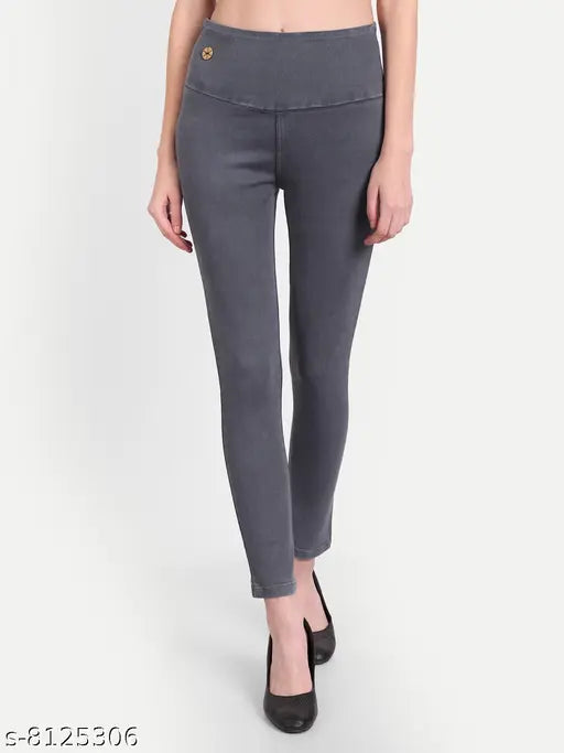 AngelFab Denim Broad belt Skinny Fit Stretchable High Waist Elastic Closer Ankle Length Solid Grey-Royalblue Jeggings for Women Pack Of 2
