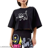Black cotton blend loose fit crop top with printed net design for women/girl, half sleeve, three-quarter length