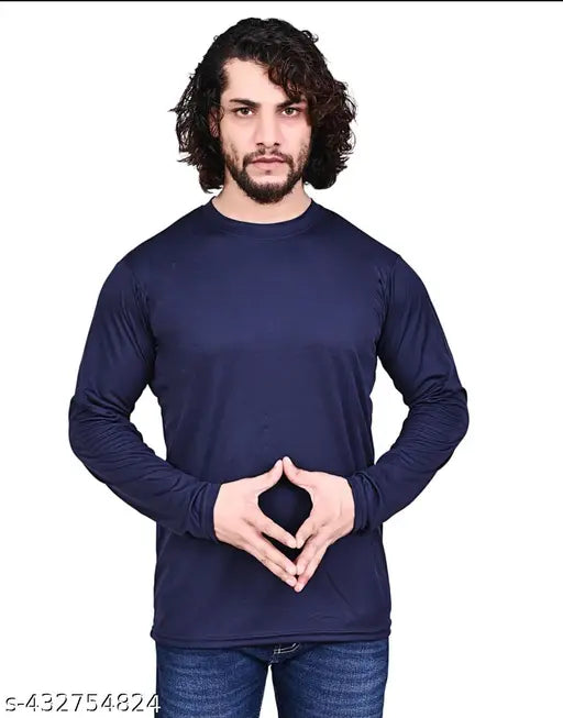 Polyester men's solid round neck t-shirt with long sleeves, perfect for casual or semi-formal wear