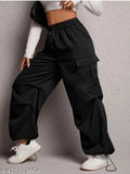 Black cargo pants with large pockets, adjustable drawstring waistband