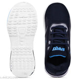 Black and blue running shoes with white soles and velcro closure