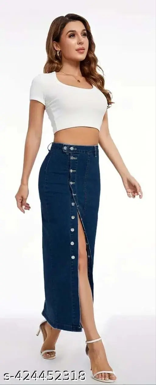 Navy blue denim skirt with side button closure