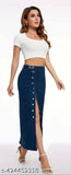 Navy blue denim skirt with side button closure