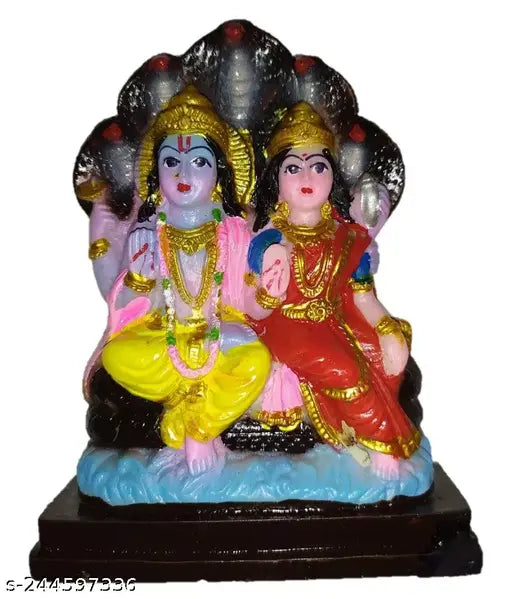 Multicolor polyresin Chaturbahu Vishnu Laxmi statue for pooja, detailed handcrafted by Indian artists