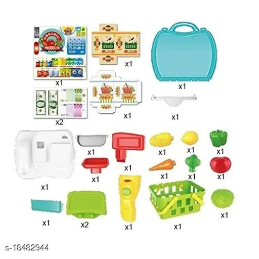 Fiber net supermarket suitcase set with 23 pcs cash register, Indian-made home play market accessories