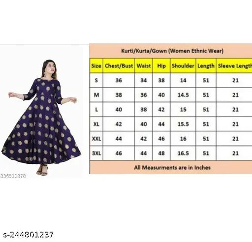 Blue Rayon Anarkali Printed Kurti for Women and Girls, stylish festival gown with three-quarter sleeves