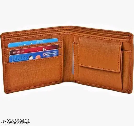 Tan PU wallet for men, 5 card slots, sleek design with photo and ID sleeves. Durable, compact, lightweight, perfect gift accessory. Made in India