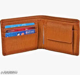 Tan PU wallet for men, 5 card slots, sleek design with photo and ID sleeves. Durable, compact, lightweight, perfect gift accessory. Made in India