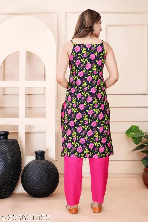 Pink and black kurta, long sleeve, fitted waist, set of two