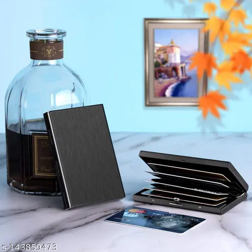 Black metal ATM card wallet with 6 slots for men, featuring RFID protection and a sleek design