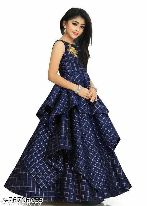 Navy Blue Silk Ethnic Gown Pack for Girls, sleeveless check pattern on Indian origin