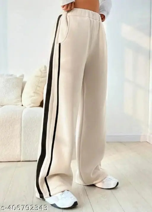 Striped track pants in nude color, high waist, wide legs