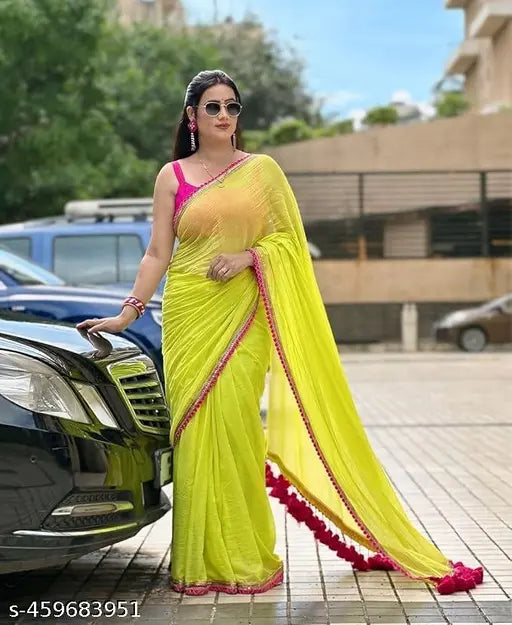 Lemon-green Georgette saree with designer Latkan and pink Bangalori silk blouse, free size, 5.4m length