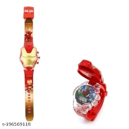 A kid-friendly Iron Man face watch with an integrated music and light system, featuring a vibrant red color scheme