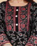 Anarkali top with black background and embroidered floral patterns, short sleeves, zippered front closure
