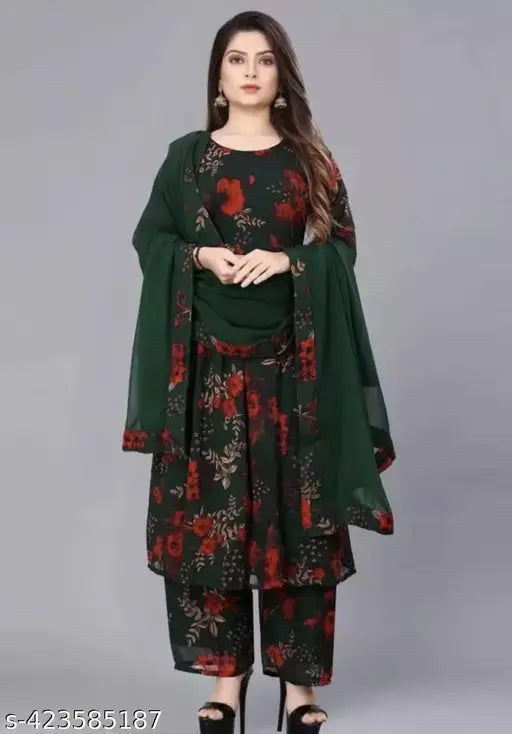 Woman in traditional green and red attire with floral embroidery