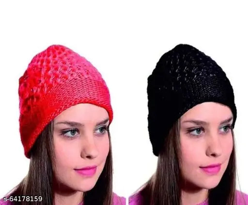 Red and black knitted winter cap with ribbed texture