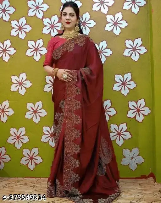 Maroon silk saree with diamond work, blouse, and hotfix diamonds