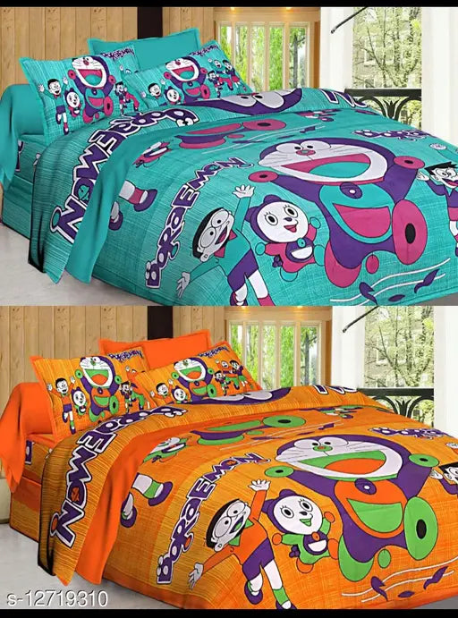 Jaipuri cotton Doraemon cartoon print combo pack: 2 bedsheets, 4 pillow covers for queen size bed (India origin)
