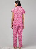 Cotton printed nightsuit for women, short-sleeved pyjama top and bottom, size options: S, M, L, XL, XXL. Made in India