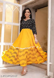 Yellow rayon calf-length printed kurti with round neck and 3/4 sleeves for women, paired with dupatta set