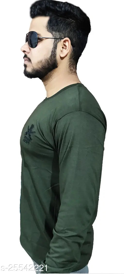 Olive green cotton blend military style t-shirt for men, solid pattern, best for sports, gym, and adventurous outings. Made in India