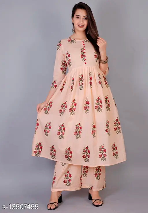 Printed cotton MAUKA FLORAL Anarkali Kurta Plazo set, three-quarter sleeves, Indian handloom fashion