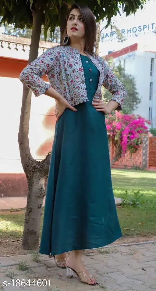 Rayon printed long kurti with jacket, three-quarter sleeves, trendy Indian fashion