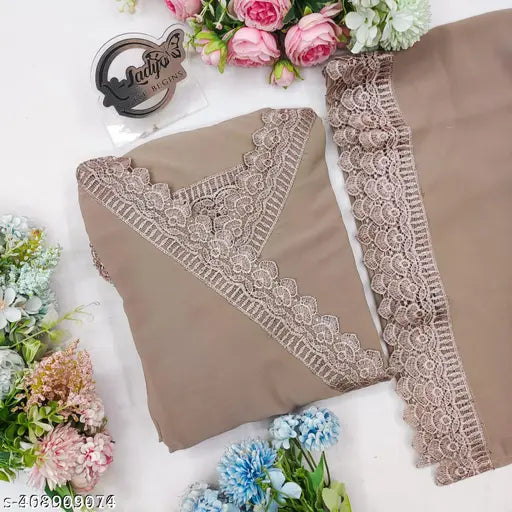 Brown georgette ZIPPY LACE gown duppatta set, solid pattern with three-quarter sleeves, Indian bridal wear accessory