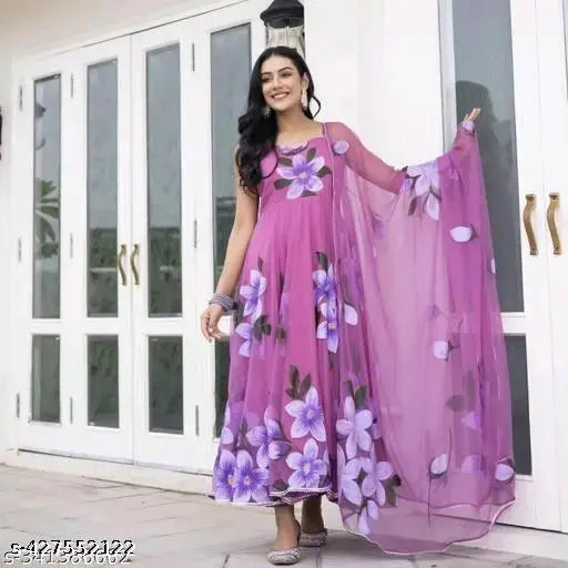 Georgette jasmine flower print sleeveless kurta for women, vibrant Indian fashion wear on model