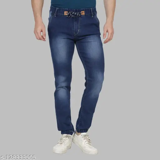 Branded cotton blend solid jogger fit jeans, stylish and comfortable for a modern look