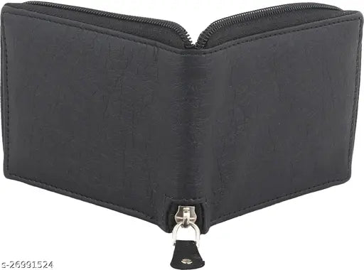 Trendy men's black faux leather round zipper wallet, solid pattern, 5 compartments, free size (10cm x 11cm), designer finish for better organization and a style statement