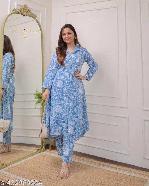 Women's cotton printed Anarkali CoOrd Kurti and Palazzos set, long sleeves, vibrant pattern on India-made cotton fabric