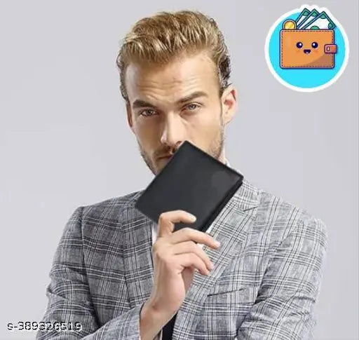 Black PU leather album wallet, 5 compartments, free size (9cm x 12cm), men's accessory from India